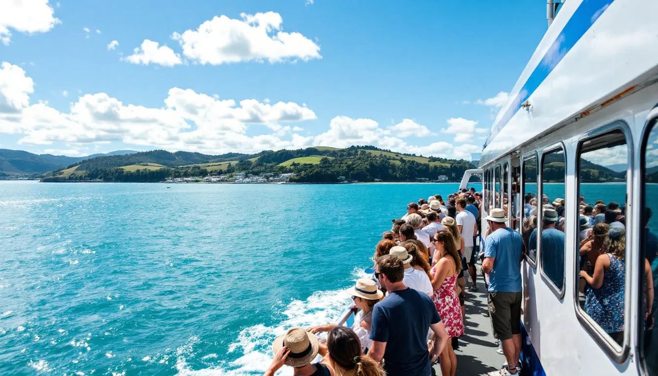 A ferry approaches Waiheke Island, with passengers on deck enjoying stunning views of the turquoise waters and the picturesque beaches, including Oneroa Beach and Palm Beach, as they anticipate arrival at this beautiful New Zealand destination. The scene captures the essence of island life, with the sun shining and the calm gulf waters inviting for an afternoon of relaxation and exploration.